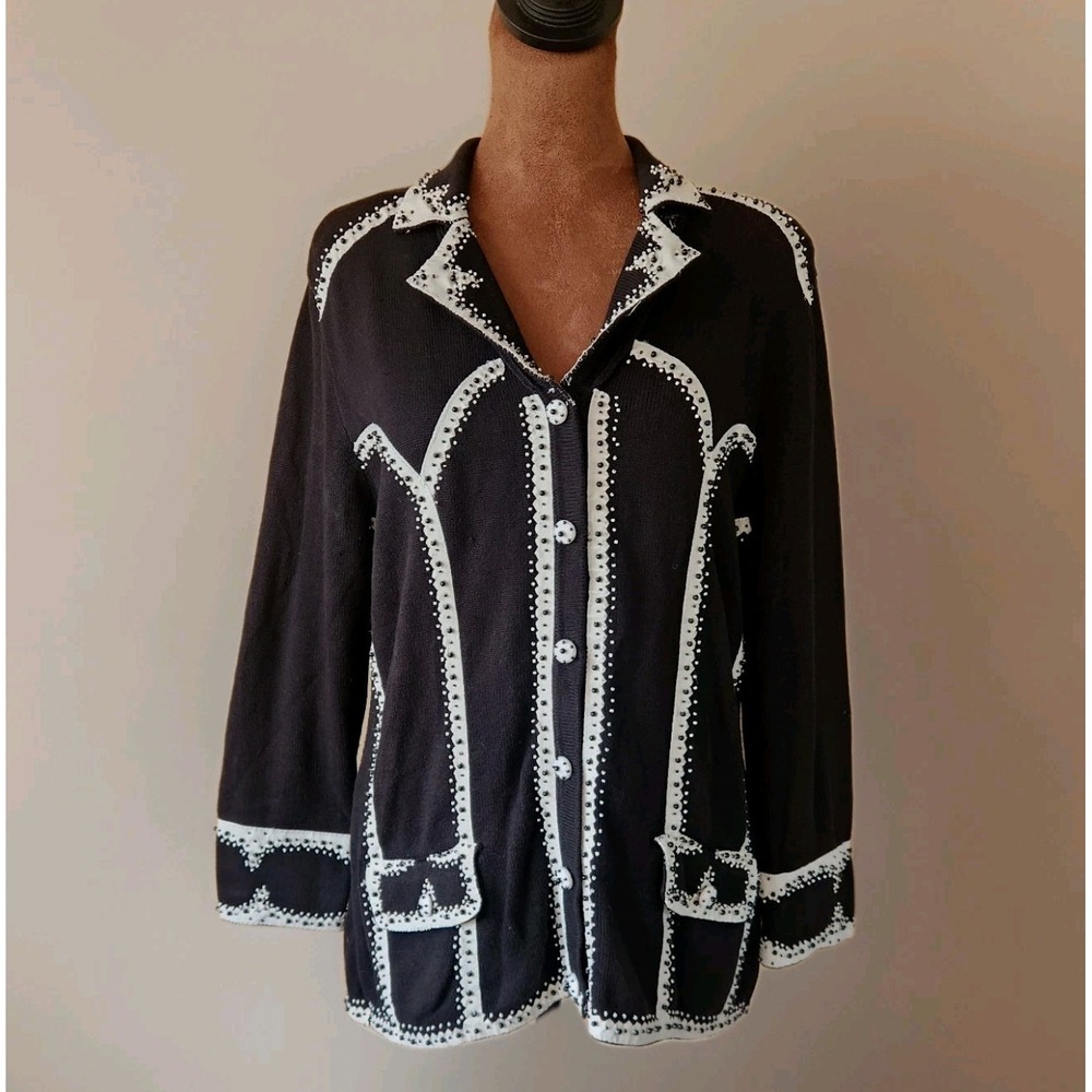 Just B Sweater Cardigan‎ Size M Vintage Beaded Knit Black White Trim 90s Women's